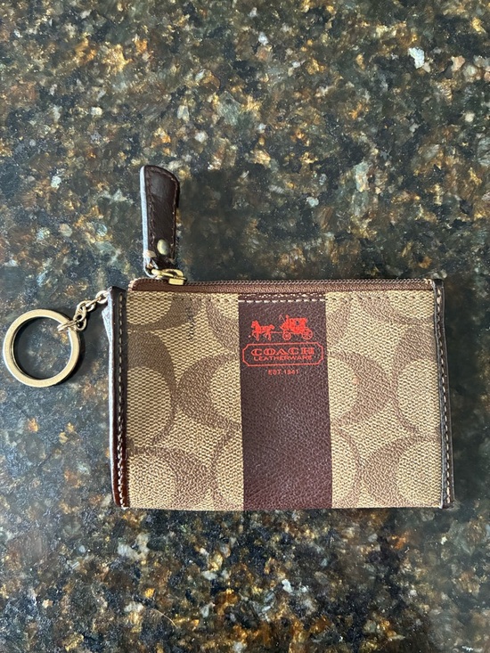 Coach Handbags - Coach Mini Zip Card Case in Brown and Tan with Red Logo